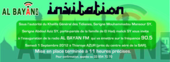 INAUGURATION DE LA RADIO "AL BAYAN FM" , Samedi 1er Septembre 2012 à Thiaroye Azur INAUGURATION DE LA RADIO "AL BAYAN FM" , Samedi 1er Septembre 2012 à Thiaroye Azur