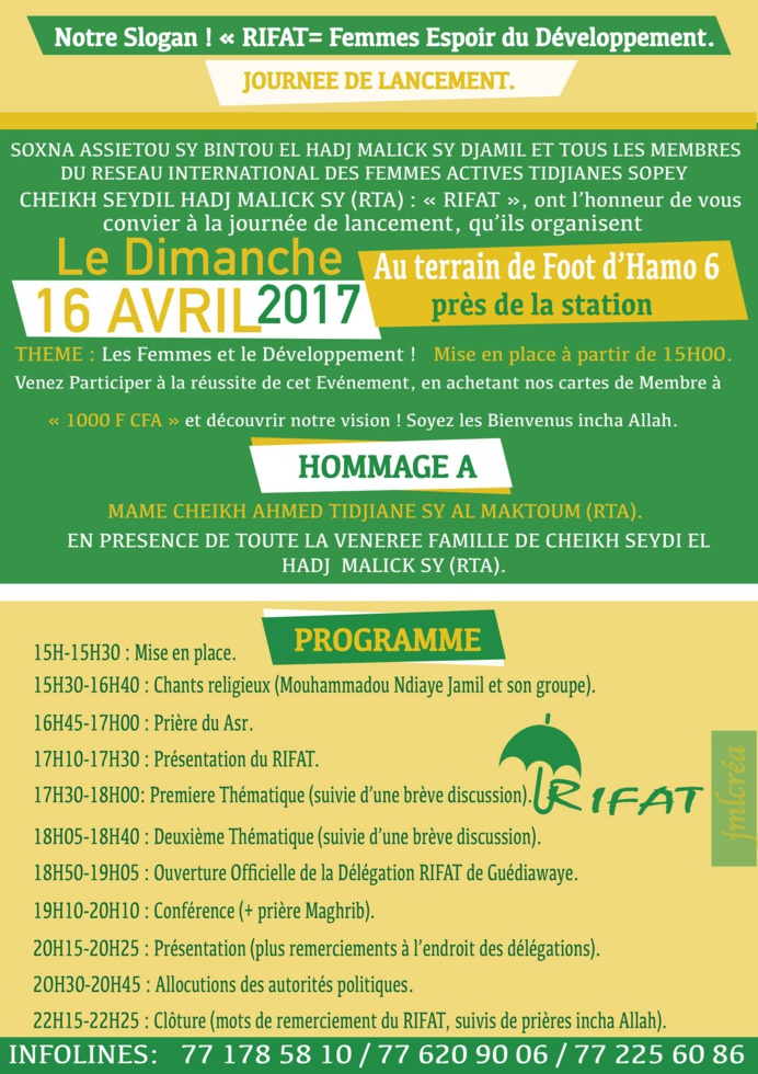 Lancement des activités du Réseau International des Femmes Actives Tidjanes "RIFAT", ce Dimanche 16 Avril 2017 à Hamo 6. Lancement des activités du Réseau International des Femmes Actives Tidjanes "RIFAT", ce Dimanche 16 Avril 2017 à Hamo 6.