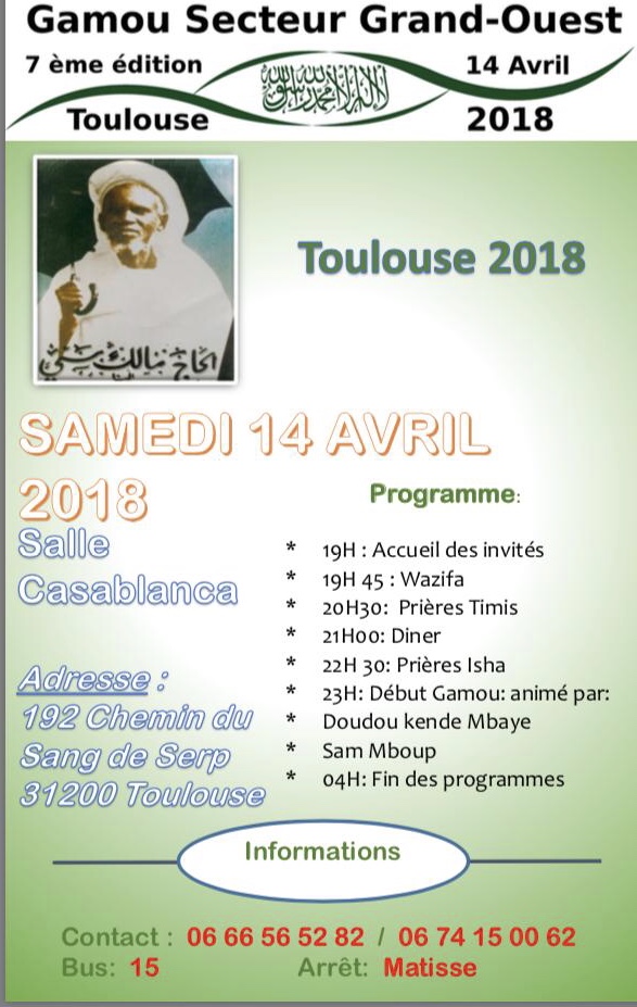 TOULOUSE - Gamou Secteur grand-ouest , ce samedi 14 Avril sous la présidence de Serigne Habib Sy Mansour TOULOUSE - Gamou Secteur grand-ouest , ce samedi 14 Avril sous la présidence de Serigne Habib Sy Mansour
