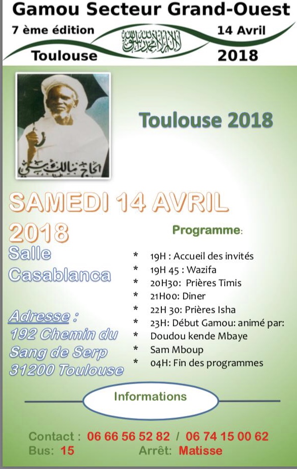 TOULOUSE - Gamou Secteur grand-ouest , ce samedi 14 Avril sous la présidence de Serigne Habib Sy Mansour 