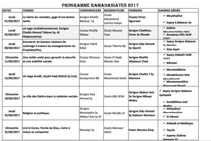 TIVAOUANE - RAMADAN 2017 - Programme des Ramadaniate 2017 à la Zawiya Serigne Babacar Sy de Tivaouane TIVAOUANE - RAMADAN 2017 - Programme des Ramadaniate 2017 à la Zawiya Serigne Babacar Sy de Tivaouane
