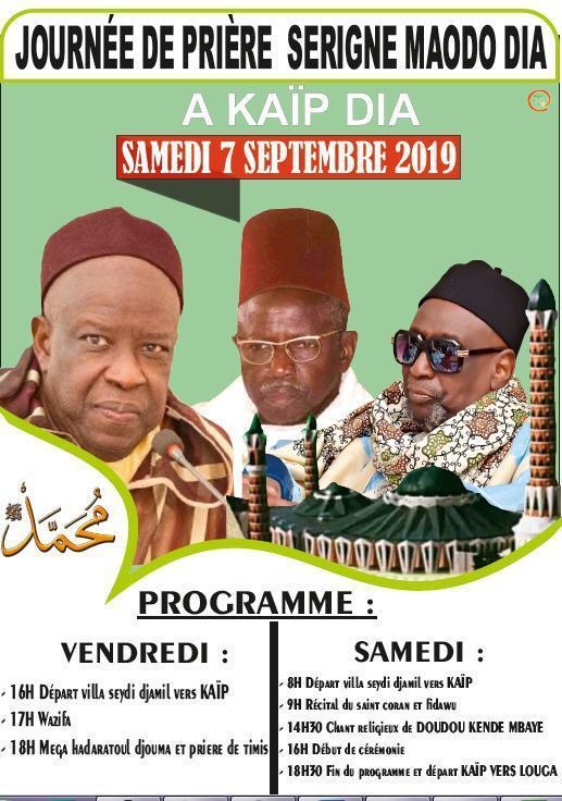 LOUGA - Journées de Prières Serigne Maodo Dia (rta) , les 6 et 7 Septembre 2019 à Kaïp Dia 