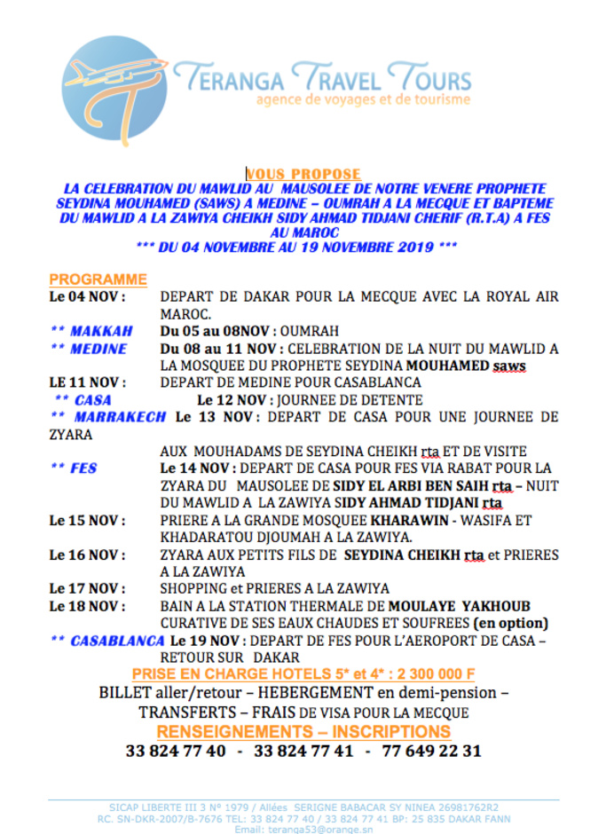 DU 4 au 19 NOVEMBRE 2019: VENEZ CELEBRER LE MAWLID AU MAUSOLEE DU PROPHETE  MOUHAMED (SAWS) A MEDINE – OUMRAH A LA MECQUE ET GAMOUWAAT DU MAWLID A LA ZAWIYA CHEIKH SIDY AHMAD TIDJANI CHERIF (R.T.A) A FES AU MAROC 