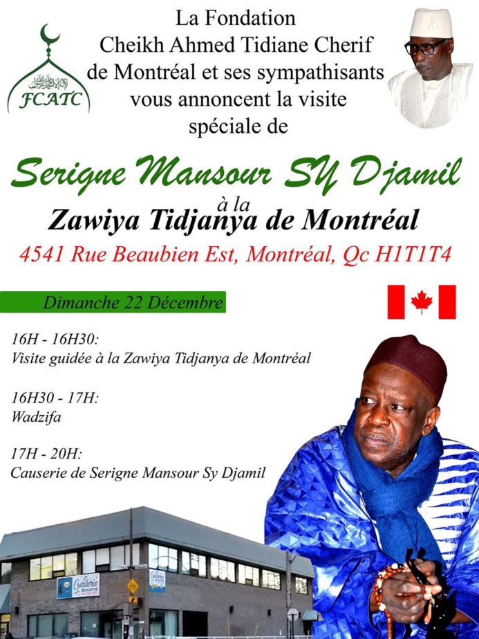 CANADA - MONTREAL : Conférence religieuse animée par Serigne Mansour Sy Djamil à la Zawiya Tidjaniya de Montréal ce Dimanche 22 décembre 2019