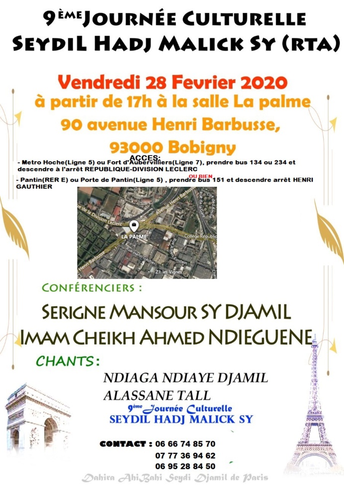 PARIS - Journée Culturelle Seydil Hadji Malick Sy, Vendredi 28 Février 2020 à Bobigny PARIS - Journée Culturelle Seydil Hadji Malick Sy, Vendredi 28 Février 2020 à Bobigny