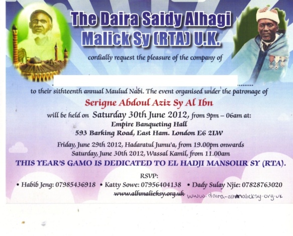 Gamou Dahira El Hadj Malick Sy de Londres ( Angleterre ) : Samedi 30 Juin 2012 sous la Présidence effective de Serigne Abdou Aziz Sy AL Amine