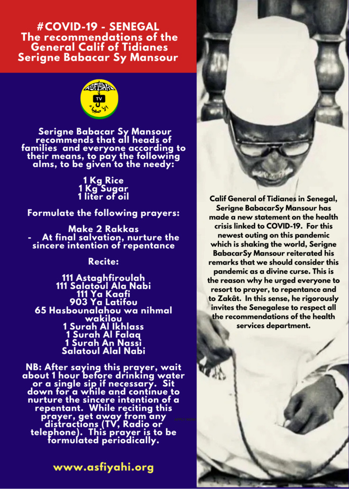 Covid-19 - The recommendations of the General Calif of Tidianes