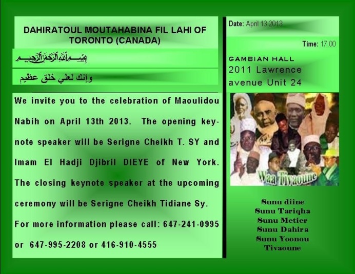 CANADA : Gamou du Dahira Moutahabina Filahi de Toronto , Samedi 13 Avril 2013