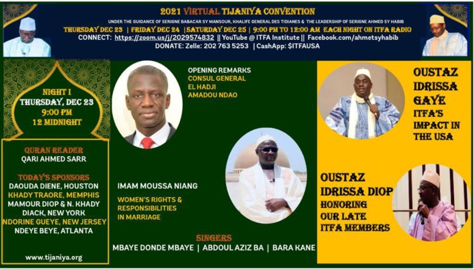 DIRECT LIVE - USA : Tijaniya Virtual Convention d'ITFA , 23 - 24- 25 Décembre 2021 en mode virtuel