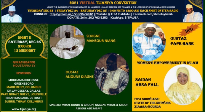 DIRECT LIVE - USA : Tijaniya Virtual Convention d'ITFA , Samedi 25 Décembre 2021 en mode virtuel DIRECT LIVE - USA : Tijaniya Virtual Convention d'ITFA , Samedi 25 Décembre 2021 en mode virtuel