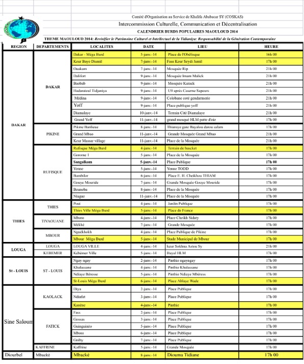 GAMOU TIVAOUANE 2014 : Voici le Programme Officiel des Burds Populaires organisés par le COSKAS