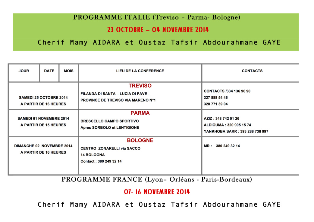 Voici le Programme de la Tournée Européenne de Cherif Maamine Aidara et Tafsir Abdourahmane Gaye du 23 Octobre au 16 Novembre 2014