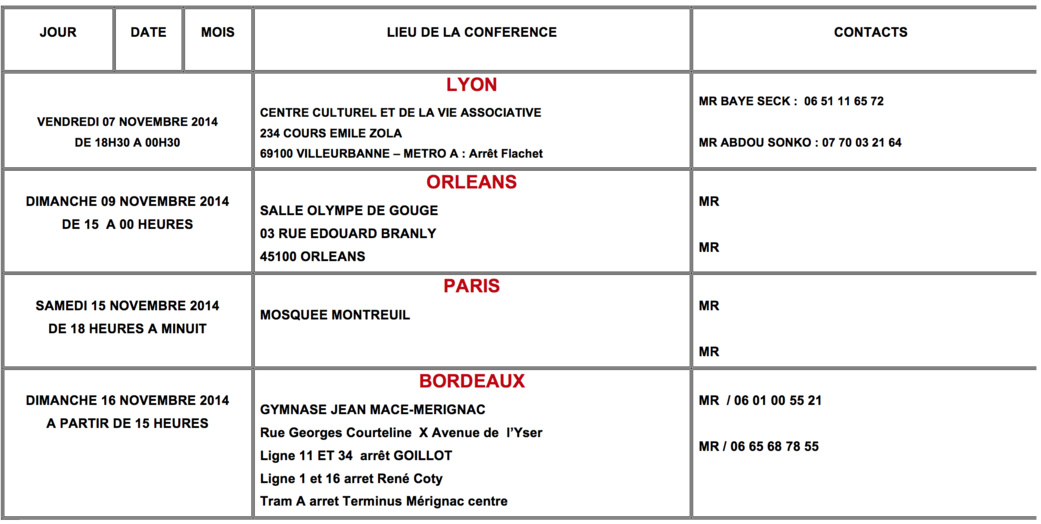 Voici le Programme de la Tournée Européenne de Cherif Maamine Aidara et Tafsir Abdourahmane Gaye du 23 Octobre au 16 Novembre 2014