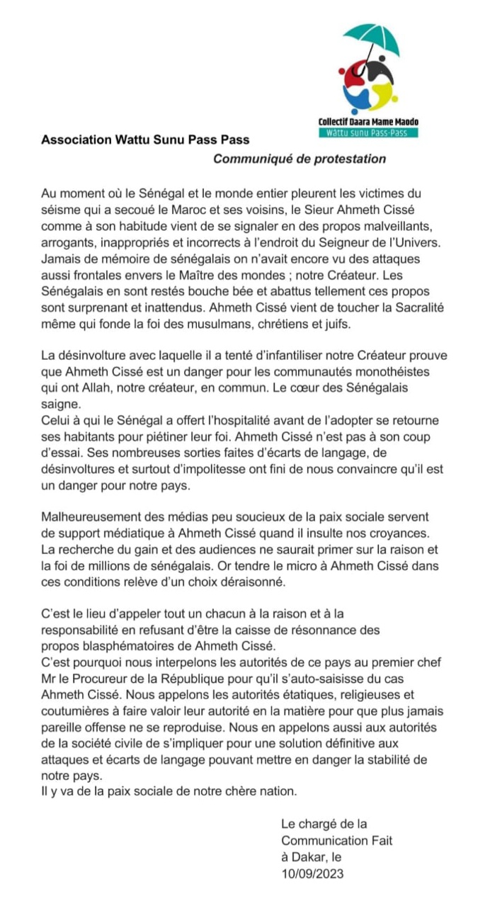 Après les propos d'Ahmed Cissé, l'association Wattu sunu Pass Pass s'indigne Après les propos d'Ahmed Cissé, l'association Wattu sunu Pass Pass s'indigne
