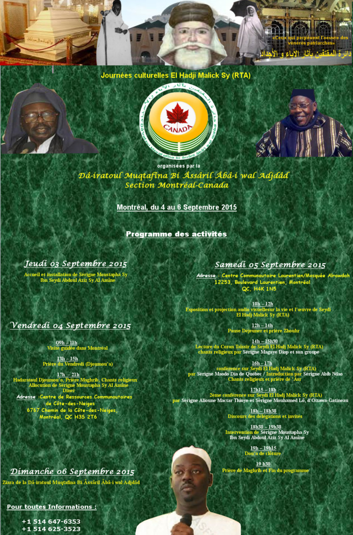 CANADA - Journée El Hadj Malick Sy (rta) de la Dahira Mouqtafina, du 4 au 6 Septembre 2015 à Montréal 