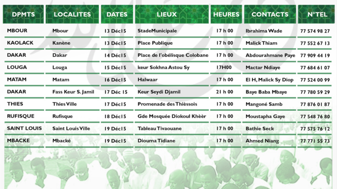 Voici le Calendrier des Burds Populaires du COSKAS, Mawlid 2015/2, AU Senegal et dans la Diaspora 