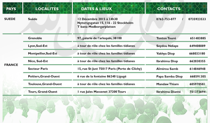 Voici le Calendrier des Burds Populaires du COSKAS, Mawlid 2015/2, AU Senegal et dans la Diaspora 