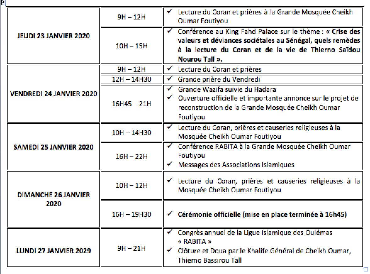 ZIARRA OMARIENNE 2020 - El Hadj Malick Sy et ses descendants, parrains de la 40ieme édition, du 23 au 27 Janvier 2020 à la Grande Mosquée Omarienne