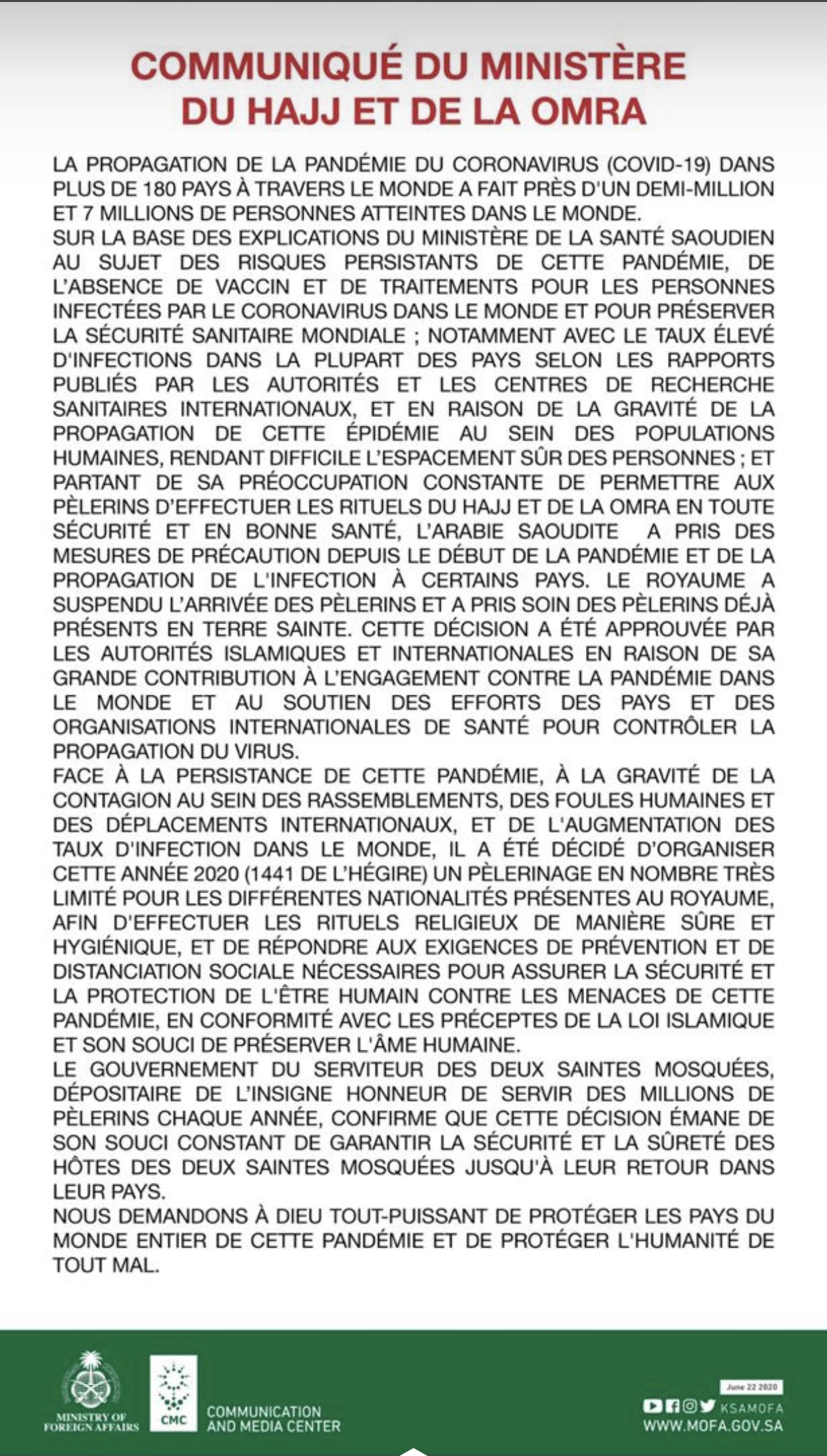 DERNIÈRE MINUTE - L’Arabie Saoudite annule le Hajj International