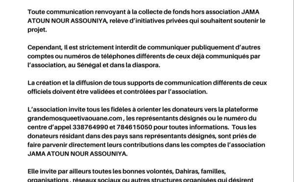 AUDIO - Grande Mosquée de Tivaouane - Communiqué de l’association JAMA ATOUN NOUR ASSOUNIYA du Lundi 28 Septembre 2020