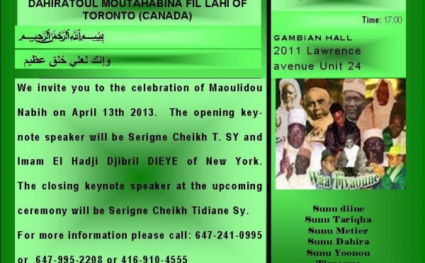 CANADA : Gamou du Dahira Moutahabina Filahi de Toronto , Samedi 13 Avril 2013
