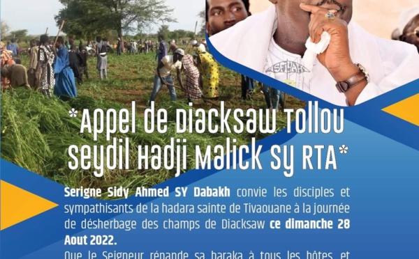 Appel de Diacksaw Tollou Seydil Hadji Malick Sy (RTA), ce Dimanche 28 août 2022